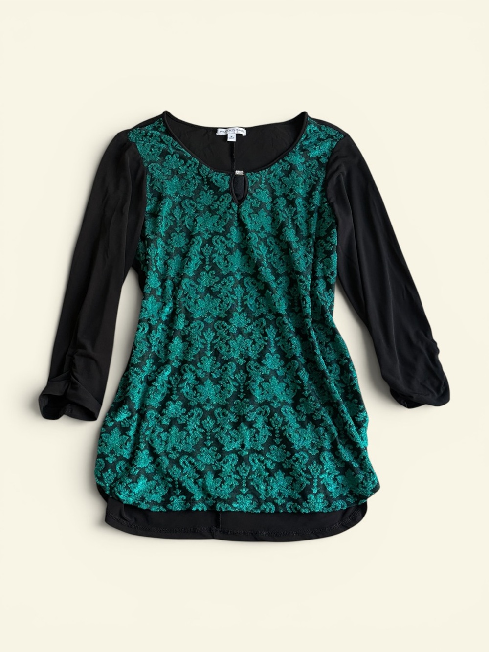 Notations Women's Green Damask Burnout Velvet Tunic Top Rhinestone Keyhole M
